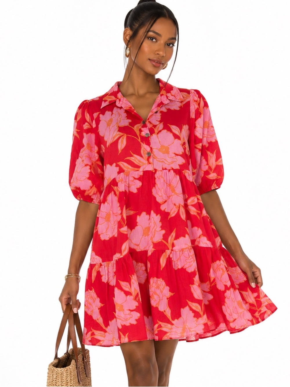 KARLIE Resortwear Vacation 100% Cotton Red Floral Tiered Shirt Dress Size Medium